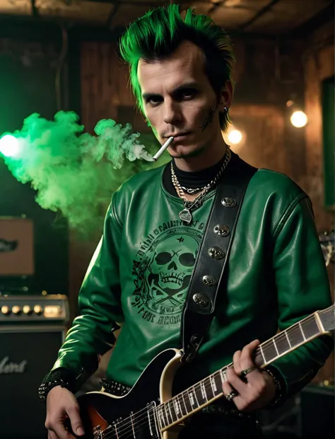 cinematic photo photo, dark theme,
longhaird lsd addict in green punk_sueter made of leather, in lost place guitar room,
old cigarette smoke disturbing the air,
non shaved cheeks, looking to viewer . 35mm photograph, film, bokeh, professional, 4k, highly detailed