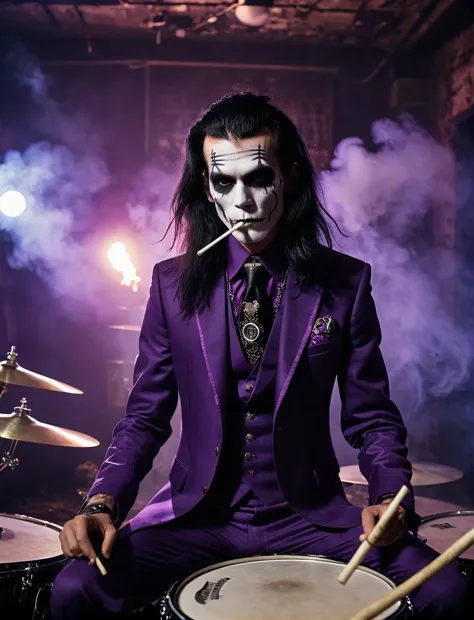 arafed man in a purple suit and tie sitting on a drum kit