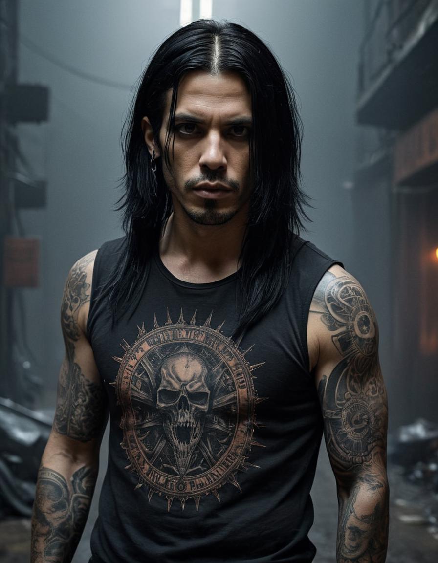 A man with long hair and tattoos posing for a picture - SeaArt AI