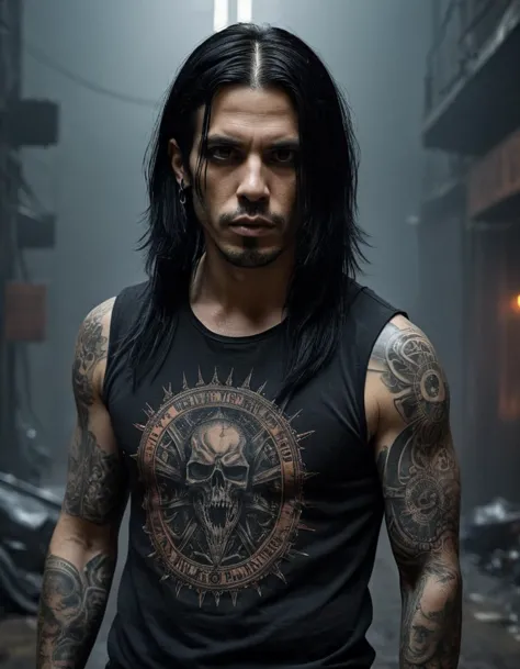 a man with long hair and tattoos standing in a dark alley