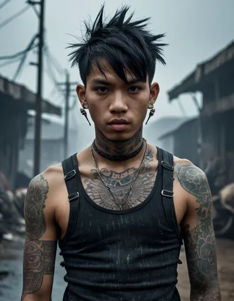 (dystopian horror science fiction style:1.5) (close shot, zoomed in upper body portrait:1.3) photo of a smirking, (closed mouth:1.5) ecstatic (punk with tattoos:1.1) 20 year old (Cambodian:1.1) man with short black hair, black eyes, (eyeliner:0.9), (pores:0.5), (goosebumps:0.5), (film grain:0.9).
He is wearing a (nightmare dystopian scifi:1.1) (coral strappy tank top and shorts, combat boots:1.1).
He is walking facing towards camera, in a (nightmare dystopian scifi:1.1) (high tech science fiction:1.3) market, (dark:1.1), (dim:1.1), (gloomy:1.1), midnight, foggy.
detailed skin texture, detailed cloth texture, detailed face, (intricate sharp details:1.1), ultra high res