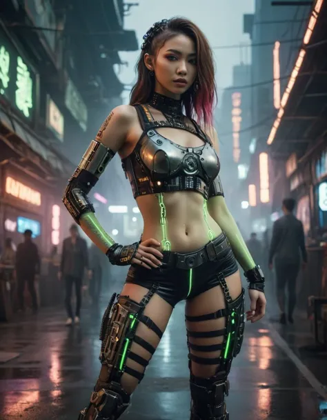 a woman in a futuristic outfit standing in a city street