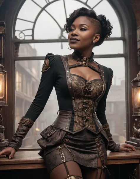 a woman in a steampunk outfit posing for a picture