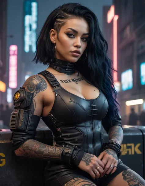 (close shot, zoomed in upper body portrait:1.3) (Cyberpunk style:1.5) photo of a chuckling, (closed mouth:1.5) loving erotic muscular 20 year old (Rwanda:1.3) (goth with tattoos:1.3) woman with long jet black hair, amber eyes, (huge breasts:1.3), toned ass, (makeup, eyeliner, eyeshadow, lipstick:0.9), (pores:0.3), (goosebumps:0.5), (film grain:0.7).
She is wearing a Cyberpunk (camoflauge polyester sweatshirt and leggings, combat boots:1.1). 
She is erotically lying facing up, in a dark dystopian Cyberpunk waterfront with buildings and benches, cabinets, neon lights in the background. midnight, overcast.
detailed skin texture, detailed cloth texture, detailed face, (intricate sharp details:1.5), ultra high res