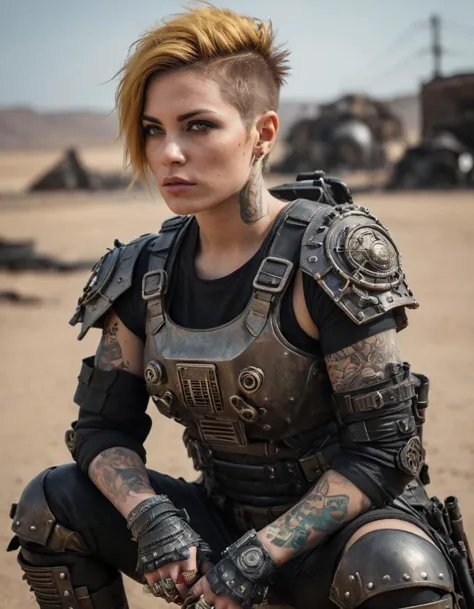 a woman with tattoos and armor sitting on a rock in the desert