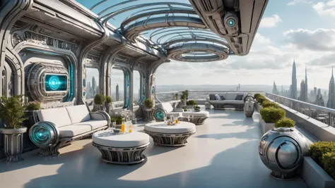 futuristic outdoor living room with a view of the city