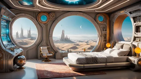 arafed bedroom with a view of a futuristic city and a star wars ship