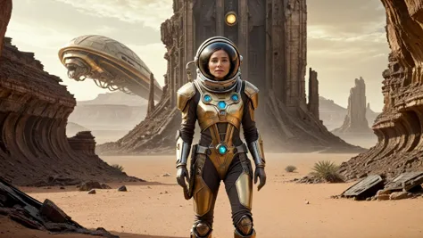 a woman in a space suit standing in front of a desert area