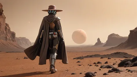 a man in a hat and cape walking across a desert