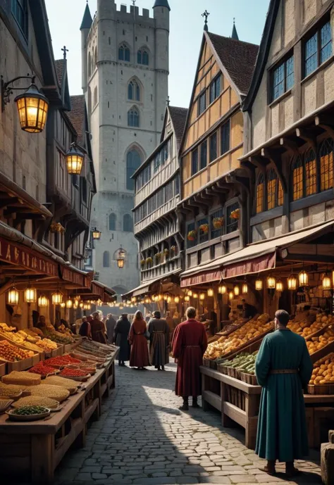 people walking down a cobblestone street lined with fruit and vegetables