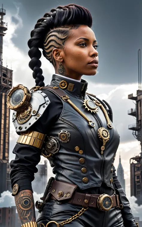 (futuristic dystopian, Space Western, Tech Noir, Steampunk style:1.4), (line art tattoo, punk rock hair:1.4) (intense dramatic lighting), ((darkskinned woman in scifi militarystyle uniform standing in front of mechatank)), sharp angles, embellished with intricate gold braiding and medals, commanding posture, (dystopian cityscape in the background), ominous clouds, deep shadows, sense of urgency and power,