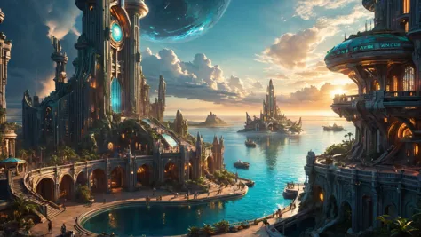 a view of a futuristic city with a large body of water