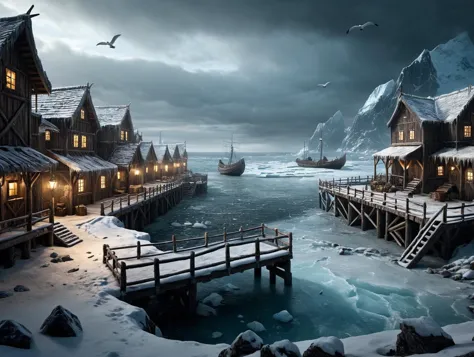 Horror-themed <lora:greg_rutkowski_xl_2:1> greg rutkowski  cCinematic photography of full color fantasy dungeons and dragons masterpiece, medieval coastal town surrounded with wooden barricade, viking style, lit with torches, snow covered, minus grey, icy cold place, frozen sea with icebergs, flying seagulls, greg rutkowski style