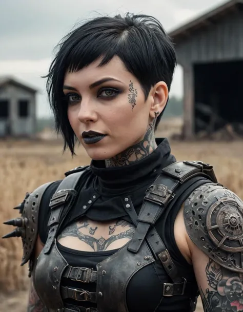 (close shot, zoomed in upper body portrait:1.3) (Post-Apocalyptic style:1.5) dystopian wasteland photo of a giggling, (closed mouth:1.5) hopeful beautiful muscular 29 year old (Ukrainian:1.5) (goth:1.3) woman with short black hair, hazel eyes, (medium breasts:1.3), large ass, (pores:0.3), (goosebumps:0.5), (film grain:0.7), (tattoos:1.5).
She is wearing a Post-Apocalyptic (jury-rigged makeshift armor, combat boots:1.1). 
She is suggestively walking facing left, at a (Post-Apocalyptic:1.3) vineyard, evening.
detailed skin texture, detailed cloth texture, detailed face, (intricate sharp details:1.5), ultra high res