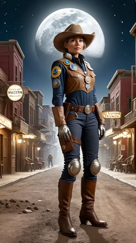 a woman in a cowboy outfit standing in a street with a full moon