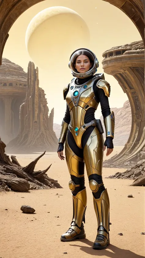 a woman in a space suit standing in front of a desert