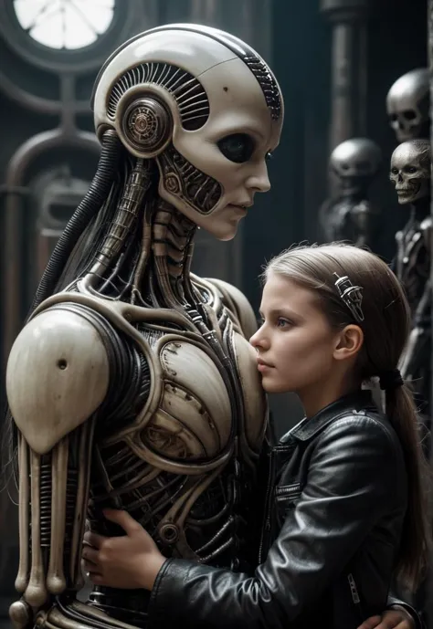 a woman in a leather jacket hugging a robot in a room