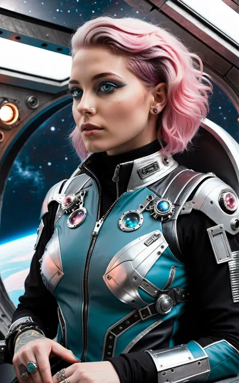 arafed woman in a space suit with pink hair and a sci - fi outfit