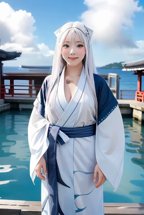 a woman in a white and blue kimono standing next to a body of water