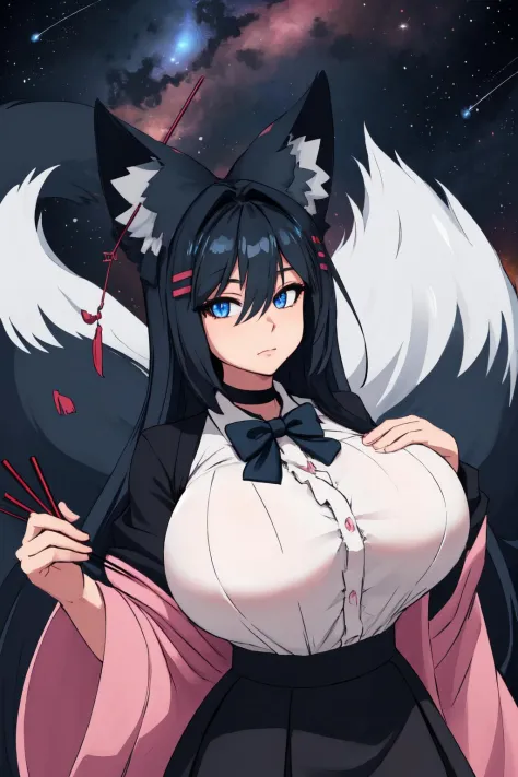 masterpiece, (detailed, highres, best quality), 1girl, gigantic breasts, <lora:spsubresKiri:1> hair between eyes, ear piercing, fox tail, large tail, hairclip, black bow, black bowtie, black skirt, bow, bowtie, choker, chopsticks, collared shirt, frilled shirt, frills, hair bow, pink shirt, shirt, skirt, night, night sky, sky, space, star (sky), starry sky, closed mouth, hand up, holding, looking at viewer, solo