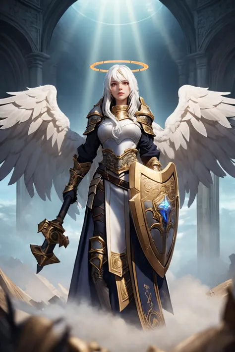 (masterpiece, best quality),  1girl, standing, halo, white hair, waist long hair, feathered wings, red eyes, black steel, paladin armor, hammer, shield, ethereal, ornate, highly detailed, <lora:FantasyCleric:0.7> fancle, centered composition, volumetric fog, god rays, realistic, has_wings <lora:angel_wings_v10:0.7>