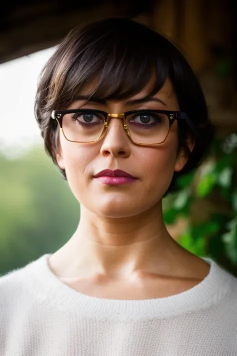 a close up of a woman with glasses and a sweater