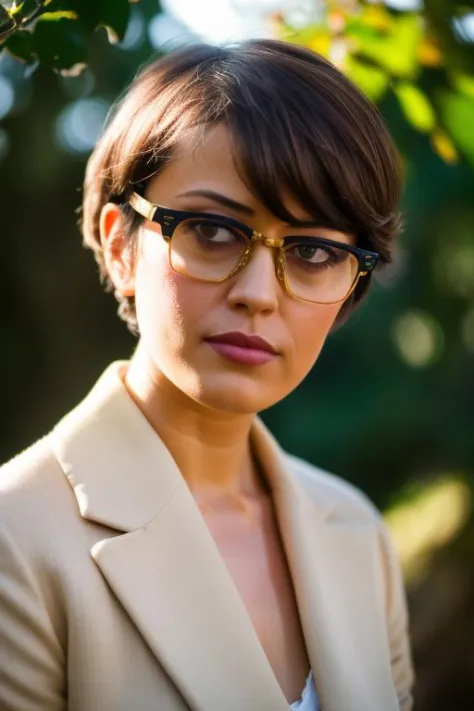 a woman wearing glasses and a blazer posing for a picture