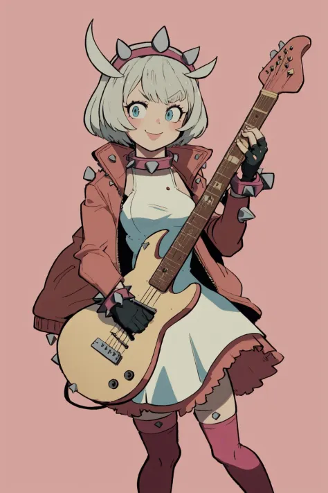 a cartoon picture of a woman with a guitar and horns