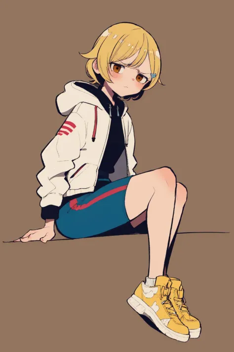 <lora:Ononaka Akihiro:1>, ononaka akihiro, flat color, flat shading, 2d, brown background, full body, solo, 1girl, morikubo nono, brown eyes, @ @, short hair, drill hair, blonde hair, jacket, hooded jacket, open jacket, white shirt, print shirt, (pencil skirt, crotch zipper), yellow sneakers, sitting, looking away, facing viewer, expressionless, frown, blush