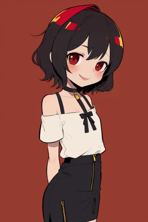 a cartoon girl with a red eye and a black skirt