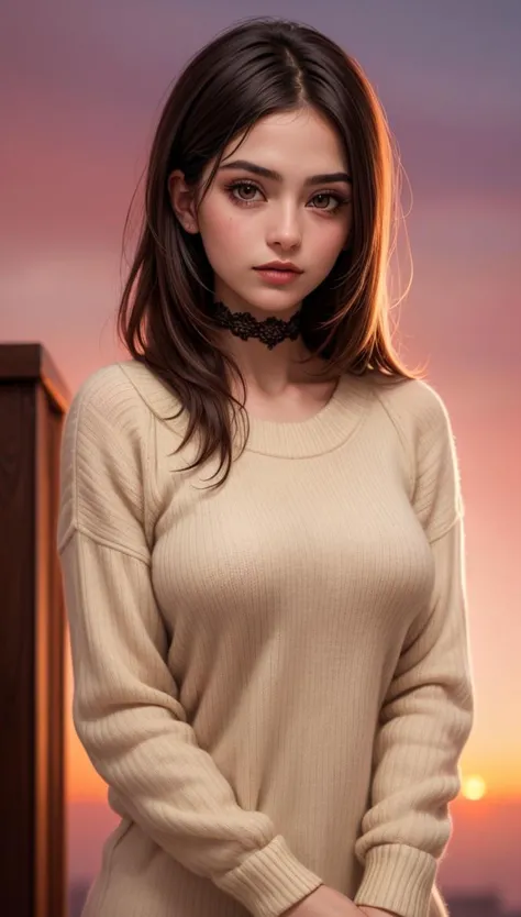 a woman in a beige sweater standing on a balcony at sunset