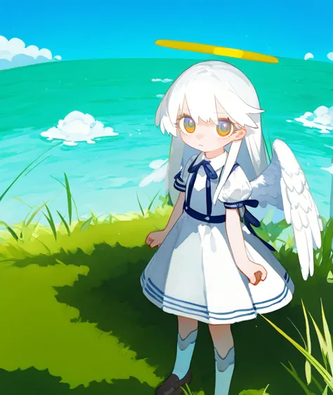 lvzi,1girl, angel, angel wings, blue eyes, dress, expressionless, fish, grass, halo, long hair, looking at viewer, painting \(me...