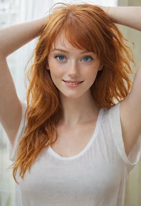 (24yo woman:1.2), redhead, ginger with bangs and wavy hair, blue eyes, smiling, slim, (freckles:0.8), very long wavy hair, goddess, transparent oversized t-shirt, pointy breasts, covered nipples, white panties,dutch angle, masterpiece, best quality, high quality, professional quality, highly detailed, highres, perfect lighting, natural lighting, ultra-detailed masterpiece, <lora:add_detail:0.8>