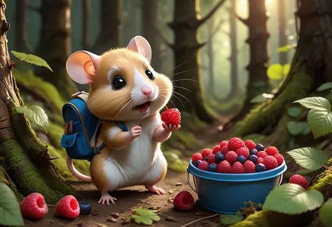 ( chubby little Dzungarian hamster pick raspberries in the forest. a bucket of berries.)  a map , loaded with backpacks, masterpiece 8k wallpapper, neoplasticism, Unreal Engine, dramatic lighting