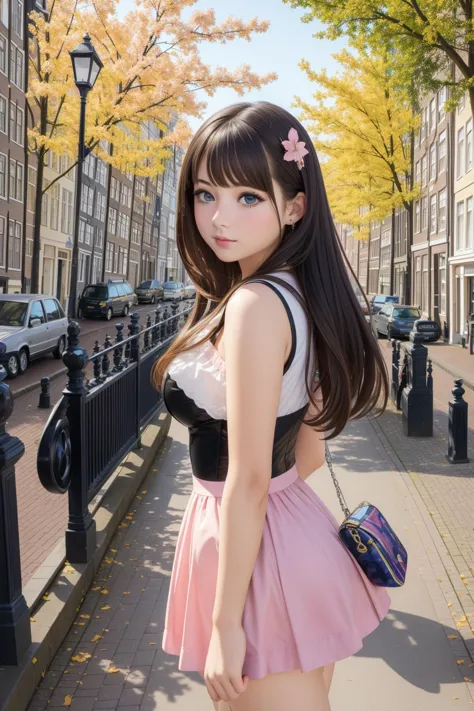 a woman in a pink skirt and black top standing on a sidewalk