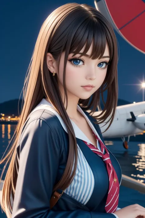 anime girl with long brown hair and blue eyes standing in front of a plane