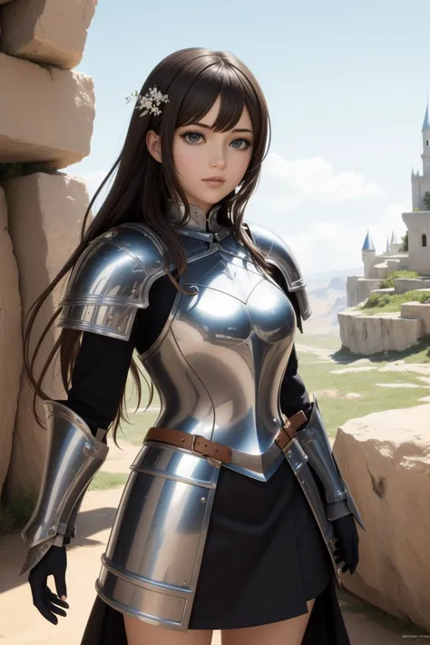 a woman in armor standing in front of a castle