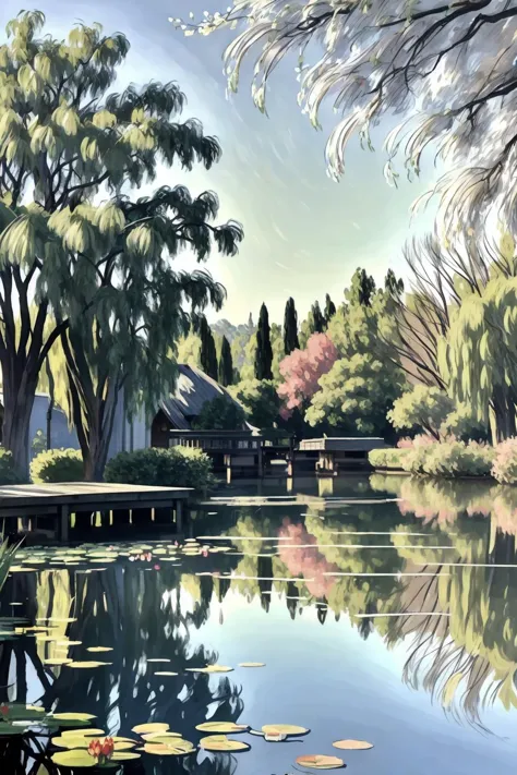 ornamental, A tranquil pond surrounded by weeping willow trees and a wooden dock, Claude Monet, Expressionism, <lora:epiNoiseoffset_v2Pynoise:2>