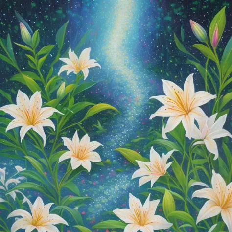 a place where time doesn't exist and everything is frozen in a single moment, pointillism oil painting, lily, dazzling, raphael