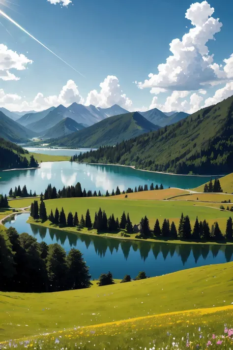 Astonishing scenery, summer, Sparkling lakes, Rolling hills, <lora:epiNoiseoffset_v2Pynoise:2>