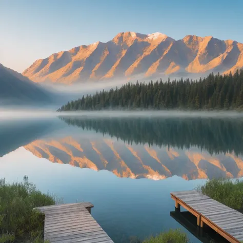 a misty lake surrounded by mountains with a wooden pier, stability, main light, dappled