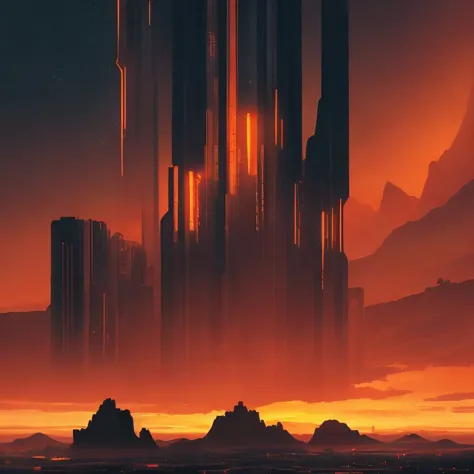 A dramatic sunset over a mountain range, Blade Runner 2049, Graphic Novel, Reflection