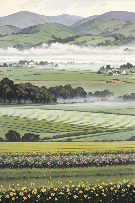 A misty morning over a farm with crops growing in the fields, impressionism oil painting, Pansy, sensuous, Ruscha, <lora:epiNoiseoffset_v2Pynoise:2>