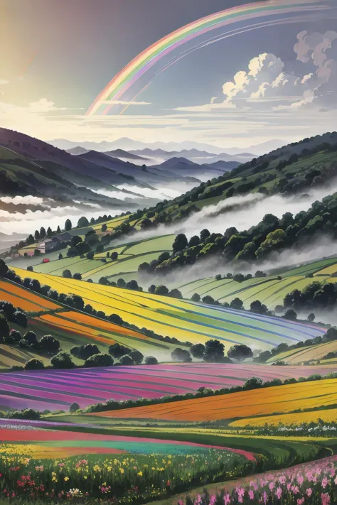 A vibrant rainbow arching over a picturesque countryside with a farmhouse, Ink Drawing, Chrysanthemum, gorgeous, Monet, A foggy morning with mist hanging over the hills and valleys, <lora:epiNoiseoffset_v2Pynoise:2>