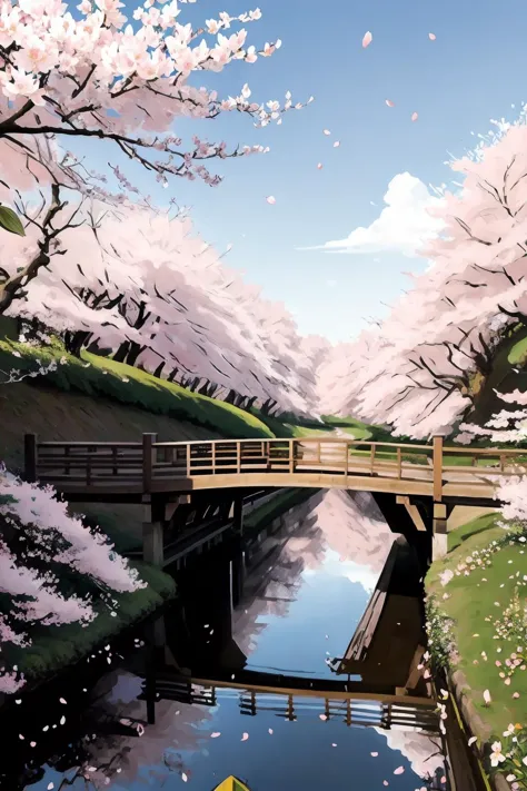 a peaceful countryside with blooming cherry blossoms and a wooden bridge, op art, lotus, elegant, lichtenstein, <lora:epinoiseof...