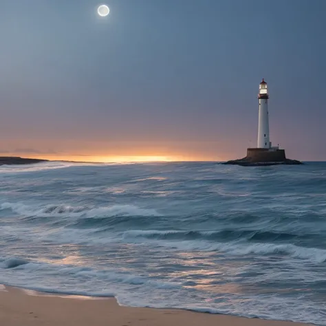 a moonlit beach with crashing waves and a solitary lighthouse, diagonal, chromatic, background light