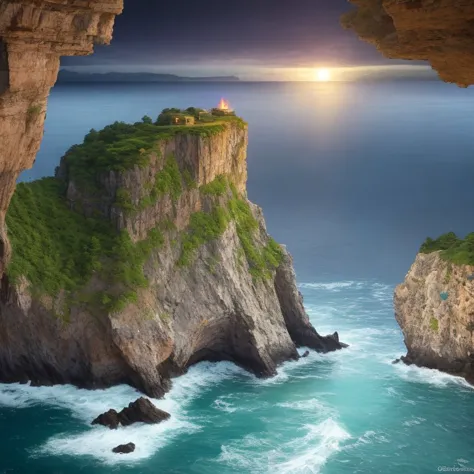 a dramatic cliffside with rough waters below, golden ratio, flame, anime,  kicker light, moonlight