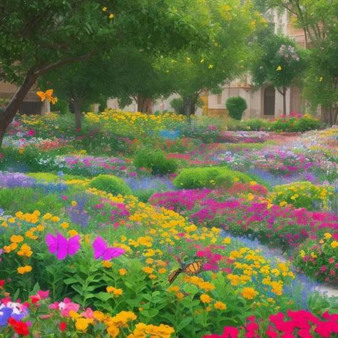 A flower garden with butterflies and bees, Pattern, morning, colorful, City of God, Warp