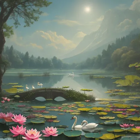 A lake with a swan and a lotus, Grace, peaceful, realistic, Radial, Contrast, incandescent, gobo light