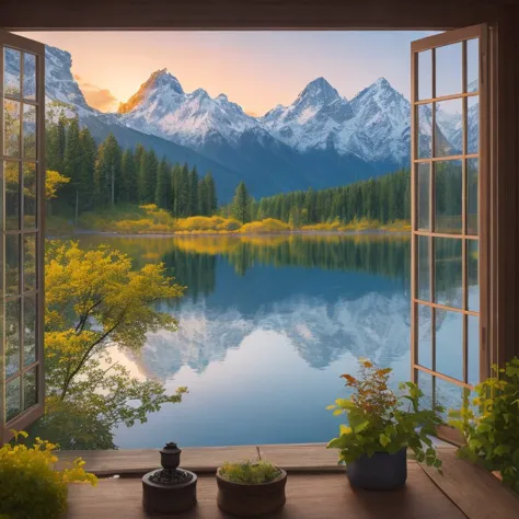 a serene lake surrounded by mountains and trees, depth of field, sunset, realistic, highlights, window light